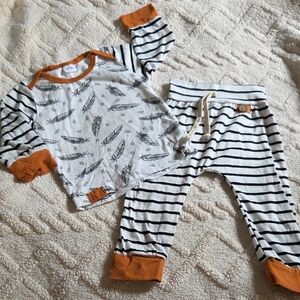 Kids Feather Print Pajama Set with Rust Trim